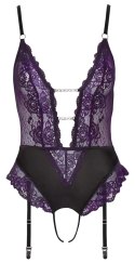 Cottelli LINGERIE Cottelli LINGERIE - Body Z Fioletowej Koronki Z Paskami Do Pończoch Bez Krocza M