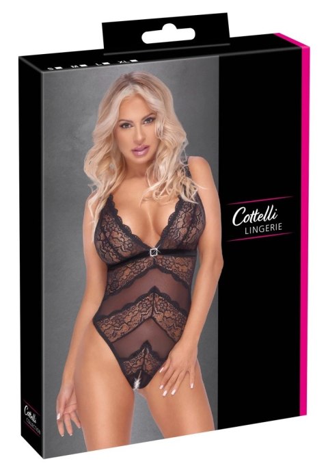 Cottelli LINGERIE - Elastyczne Czarne Body Bez Krocza Z Kwiatową Koronką L