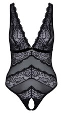 Cottelli LINGERIE - Elastyczne Czarne Body Bez Krocza Z Kwiatową Koronką M