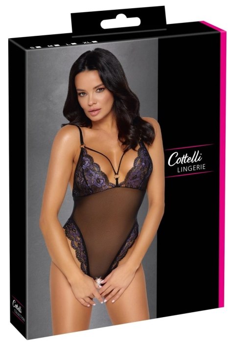 Cottelli LINGERIE - Seksowne Czarne Siateczkowe Body Z Fioletową Koronką S