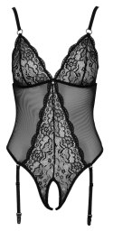 Cottelli LINGERIE Cottelli LINGERIE - Czarne Siateczkowe Body Z Delikatną Koronką Bez Krocza XL