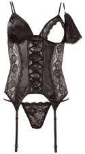 Cottelli LINGERIE Cottelli LINGERIE - Koronkowa Koszulka Z Paskami Do Pończoch + Stringi Czarne L