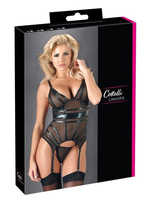 Cottelli LINGERIE Cottelli LINGERIE - Seksowna Siateczkowa Koszulka Z Paskami Do Pończoch + Stringi Czarne XL