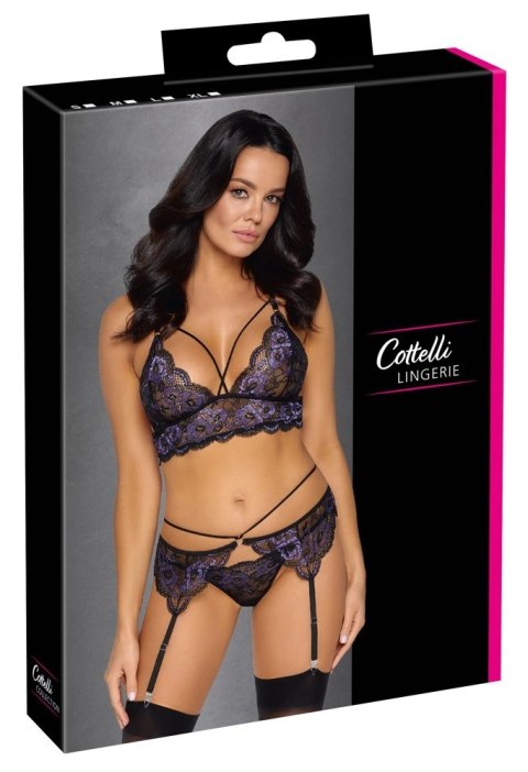 Cottelli LINGERIE - Seksowna Koronkowa Braletka Pas Do Pończoch I Stringi Czarny-Fioletowy XL