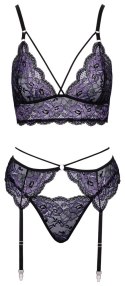 Cottelli LINGERIE - Seksowna Koronkowa Braletka Pas Do Pończoch I Stringi Czarny-Fioletowy XL