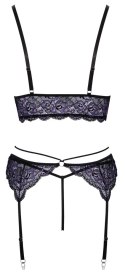 Cottelli LINGERIE - Seksowna Koronkowa Braletka Pas Do Pończoch I Stringi Czarny-Fioletowy XL