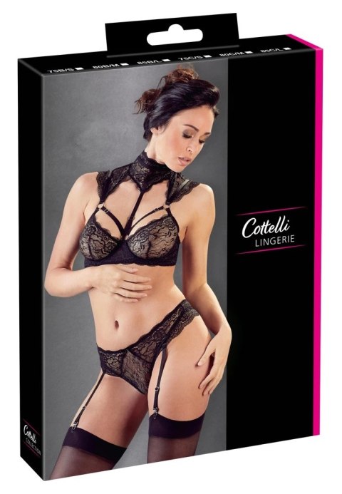 Cottelli LINGERIE Cottelli LINGERIE - Koronkowy Biustonosz Z Kołnierzem I Stringi Z Paskami Do Pończoch 75B/S