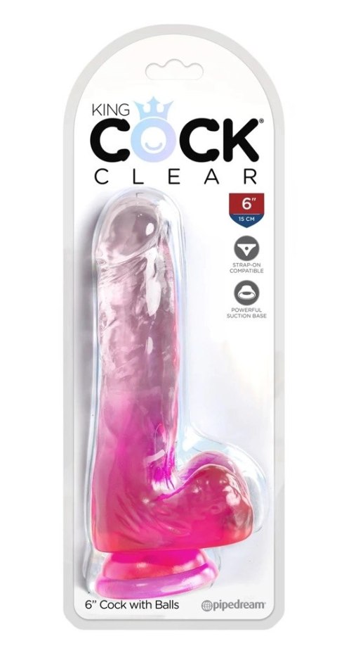 King Cock Clear - Realistyczne Dildo Z Jądrami I Przyssawką Przezroczyste-Różowe 15 CM King Cock Clear