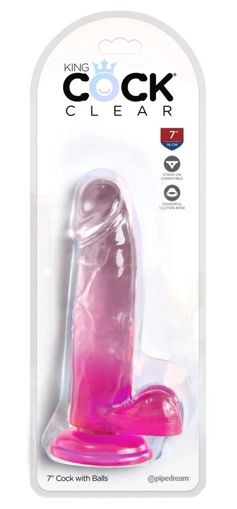 King Cock Clear - Realistyczne Dildo Z Jądrami I Przyssawką Przezroczyste-Różowe 18 CM