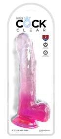 King Cock Clear - Realistyczne Dildo Z Jądrami I Przyssawką Przezroczyste-Różowe 23 CM