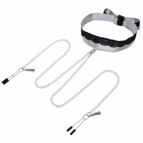 Fifty Shades of Grey Obroża z zaciskami na sutki - Fifty Shades of Grey Play Nice Satin Collar & Nipple Clamps